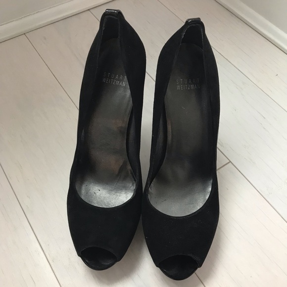 Stuart Weitzman Suede & Patent Peep Toe Heels - Picture 2 of 7